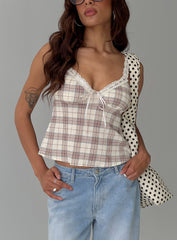Pretty It Up Tie Detail Top Beige Check