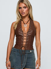 Light On Tie Up Faux Leather Top Chocolate