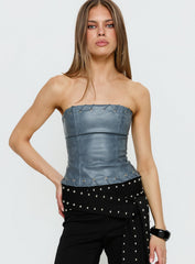 Pammie Faux Leather Strapless Top Blue