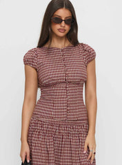 Alixandra Puff Sleeve Blouse Top Red Check