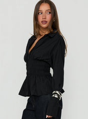 As You Are Shirred Button Up Top Black